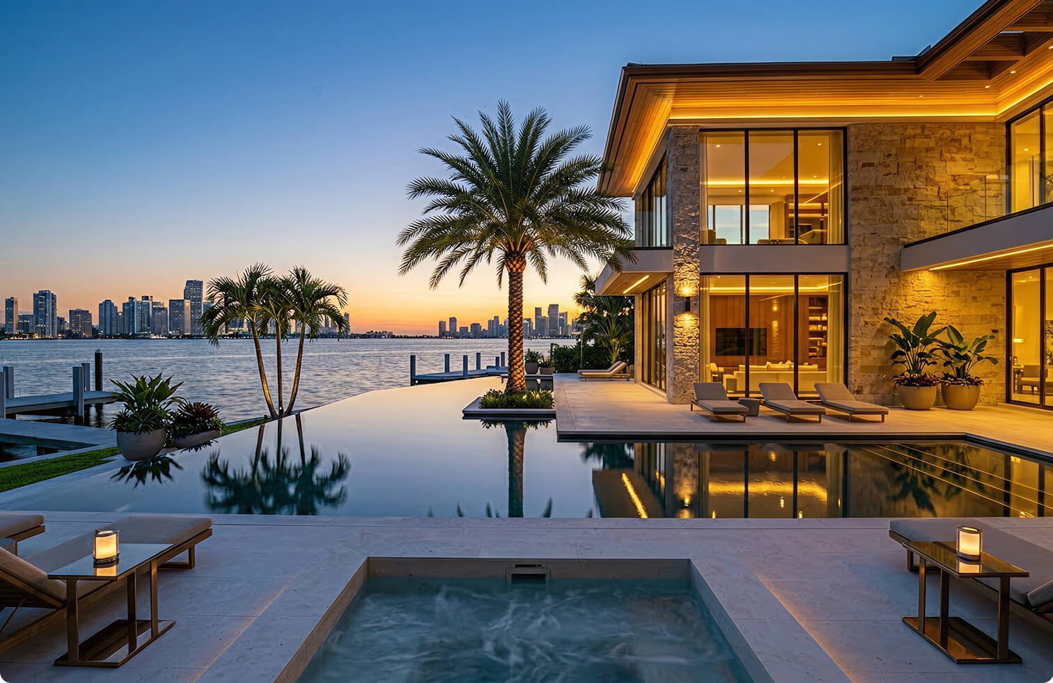 Aerial Miami waterfront mansion at golden hour